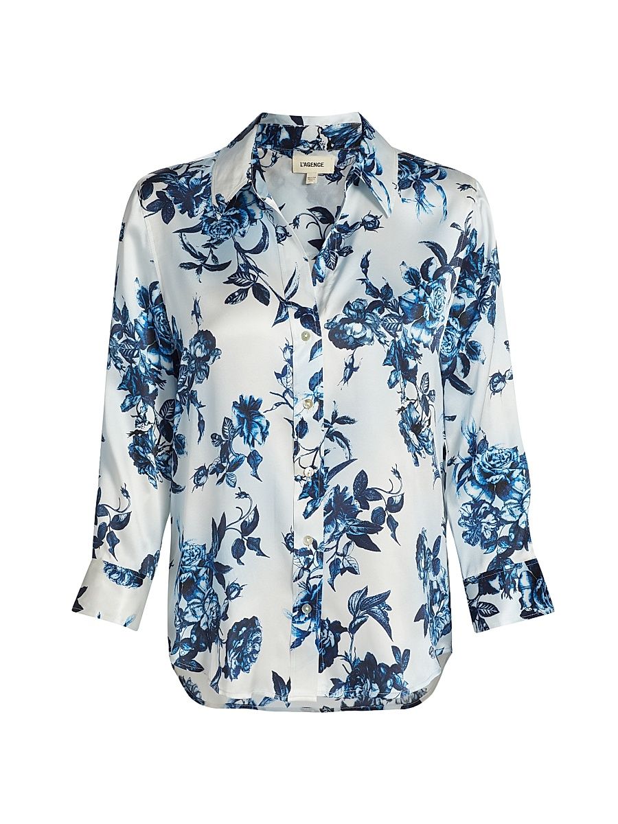 Women's Dani Floral Silk Shirt - White Blue Painterly Floral - Size XL