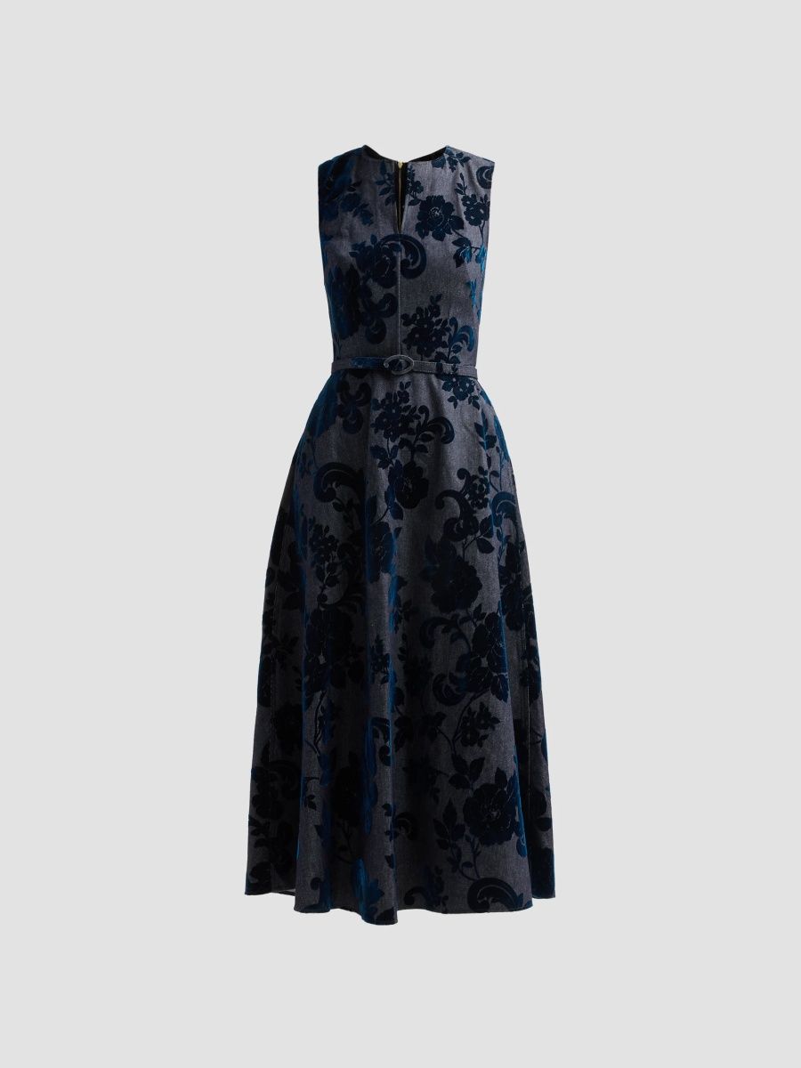 Oscar de la Renta Women's Resort Floral Flocked Denim Day Dress - Denim Navy - Size 0