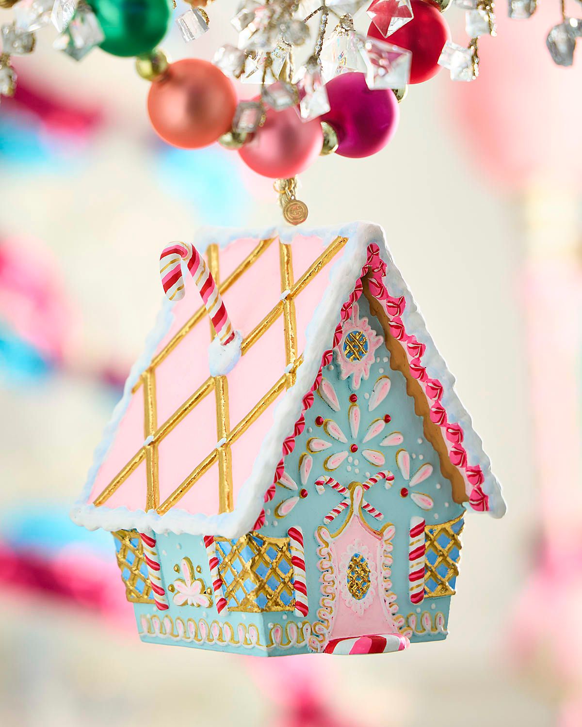 Rainbow Gingerbread Cottage Christmas Ornament, Blue