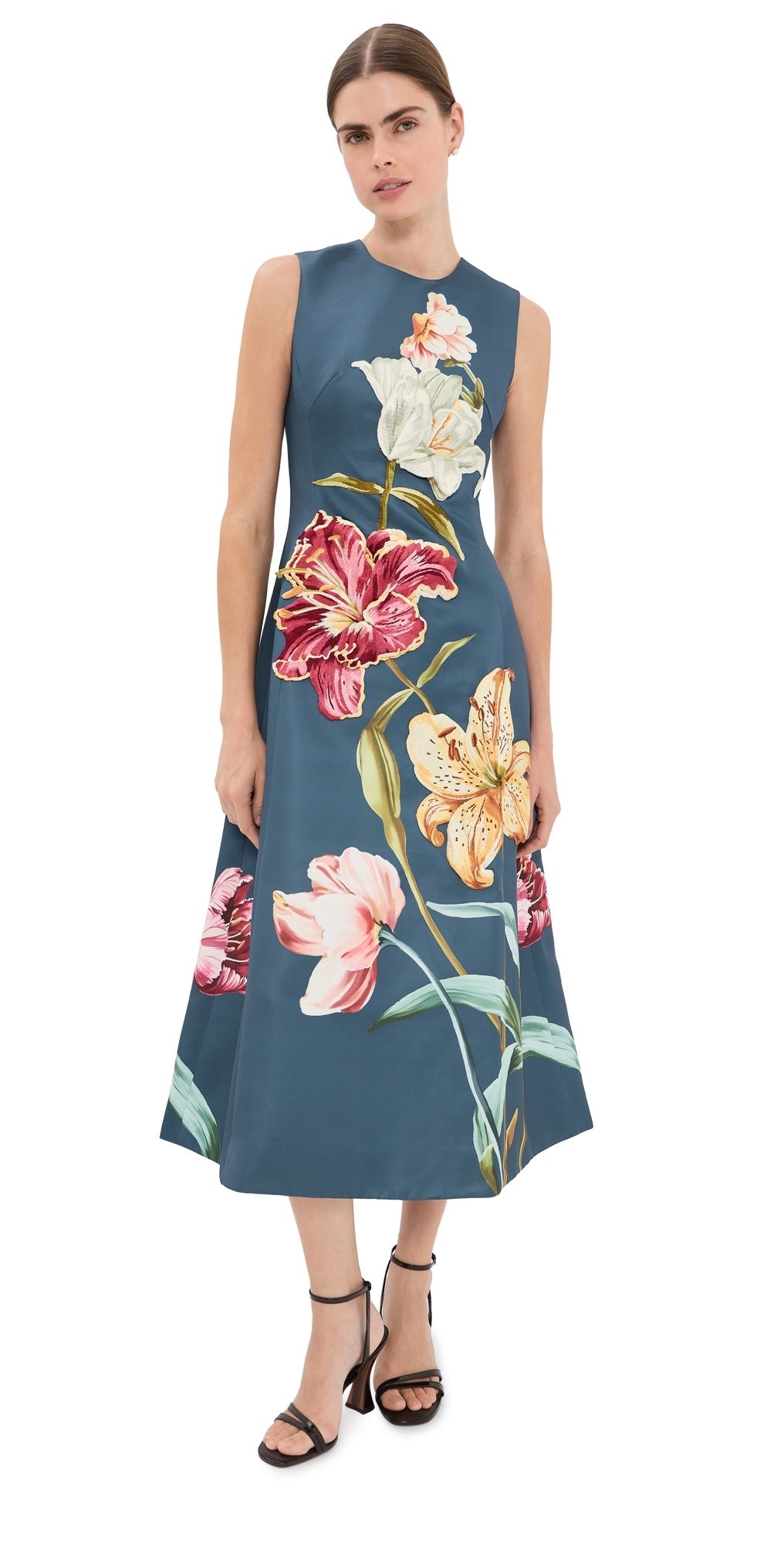Leo Lin Cleo Embroidered Sleeveless Dress Lily Print in Indigo 12