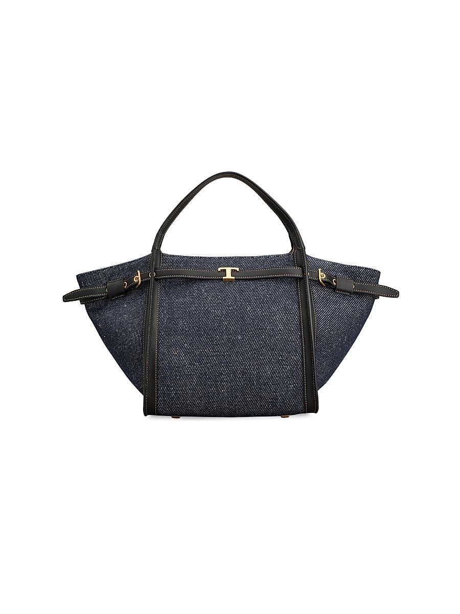 Women's Canvas & Leather Shopping Tote Bag - Blue Denim
