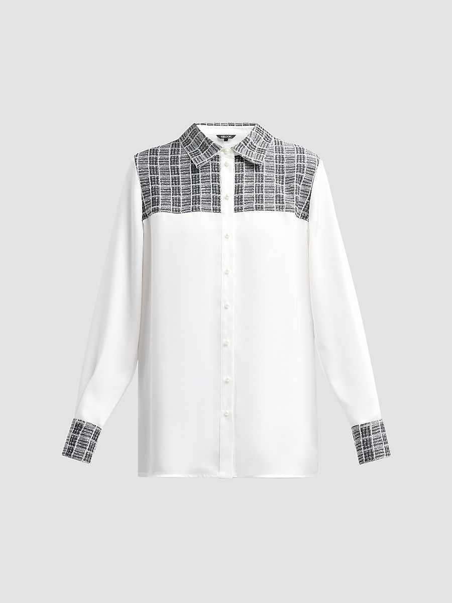 Misook Women's Plaid Crepe de Chine Blouse - White Black - Size XXL