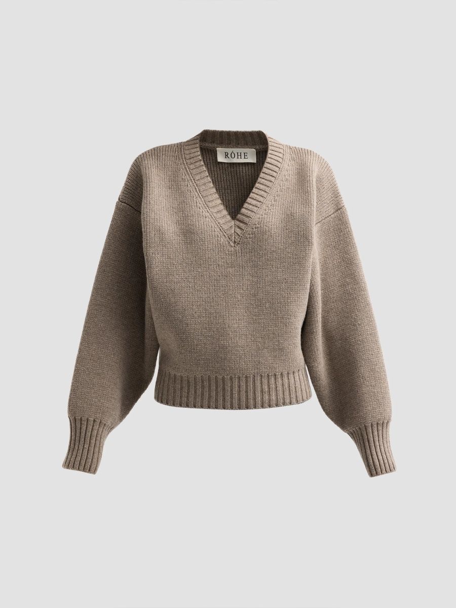 Women's Compact Wool V-Neck Sweater - Clay Melange - Size 12