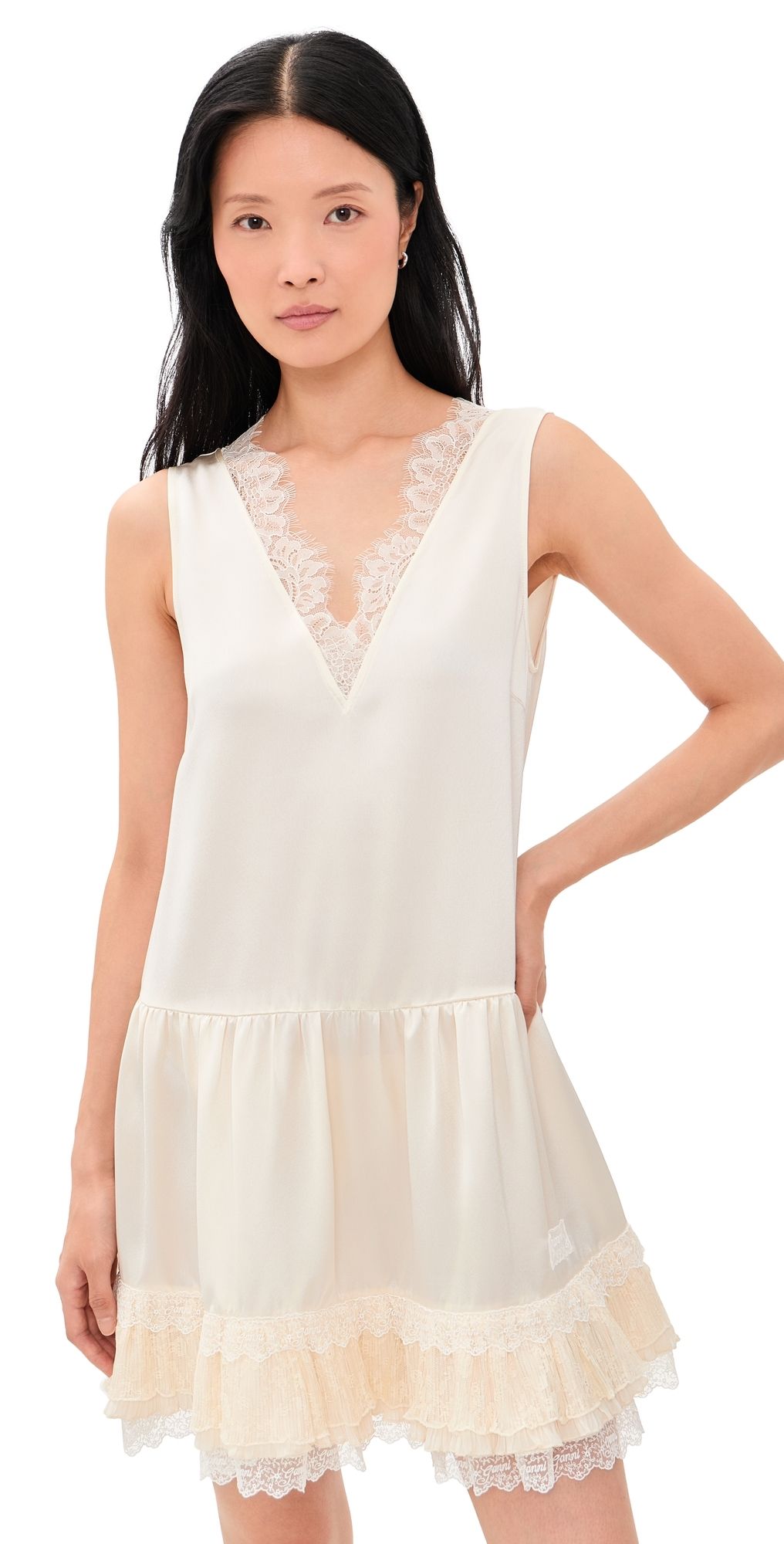 GANNI Fluid Satin V Neck Lace Mini Dress Egret 34