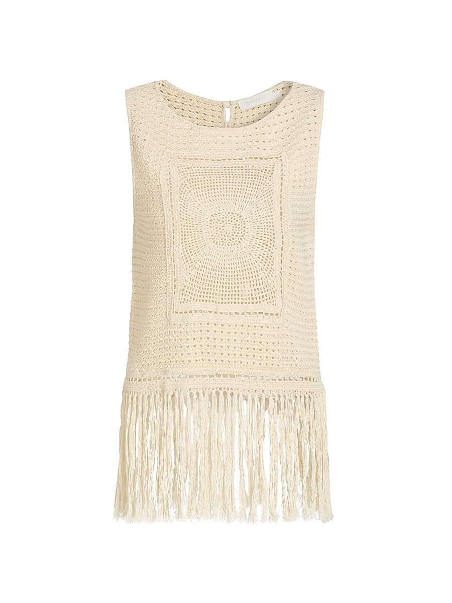 Women's Indra Crochet Fringe Cotton Tank - Cream - Size 2