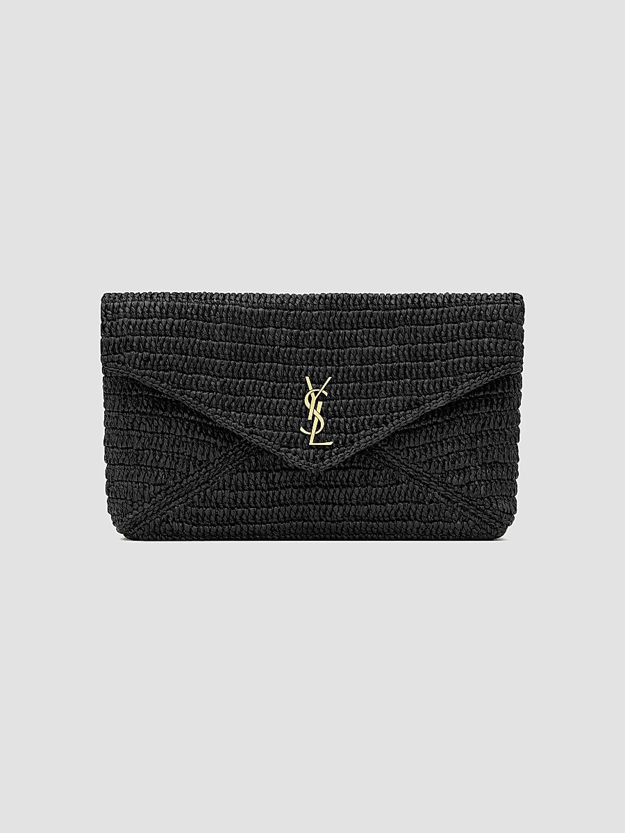 Saint Laurent Women's Cassandre Large Envelope Pouch in Raffia - Noir