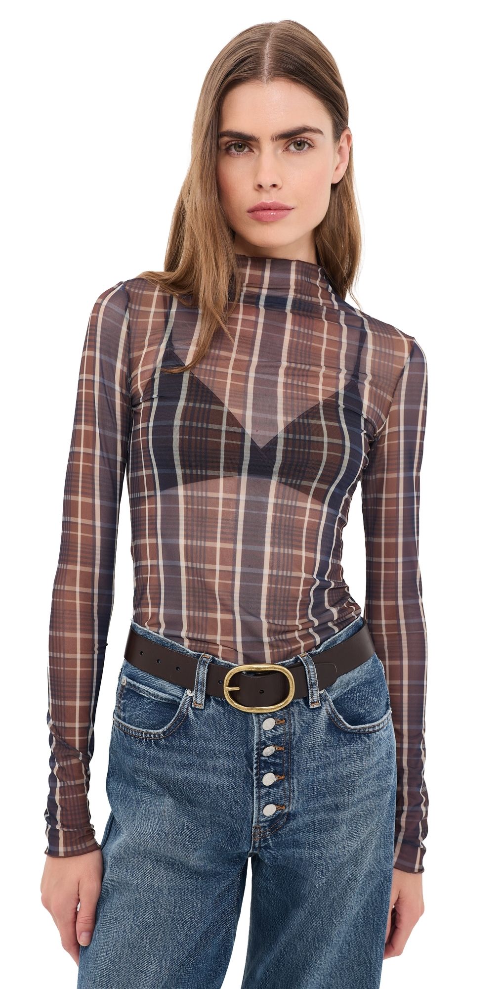Favorite Daughter The Sheer Fantasy Top Toffee Plaid XL
