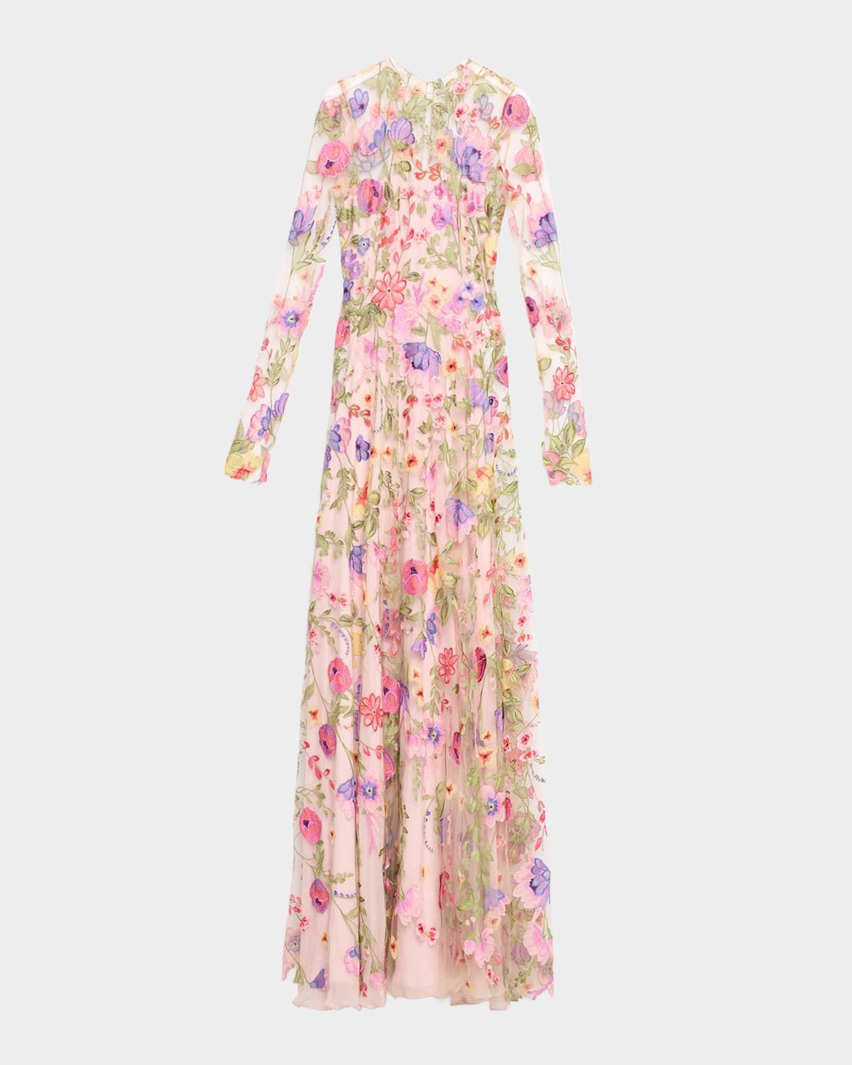 Floral Embroidered Long-Sleeve Illusion Gown