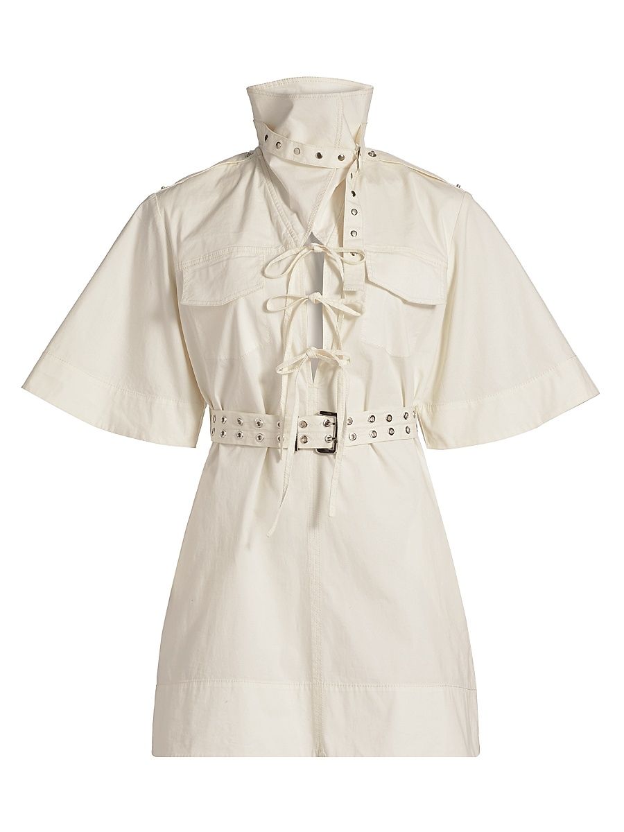 Women's Tie-Front Stretch-Cotton Minidress - Egret - Size 10