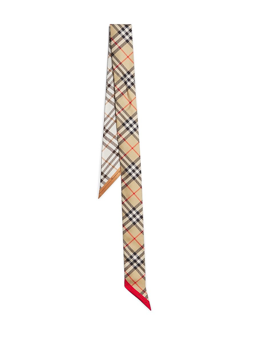 Women's Check Silk Skinny Scarf - Sand