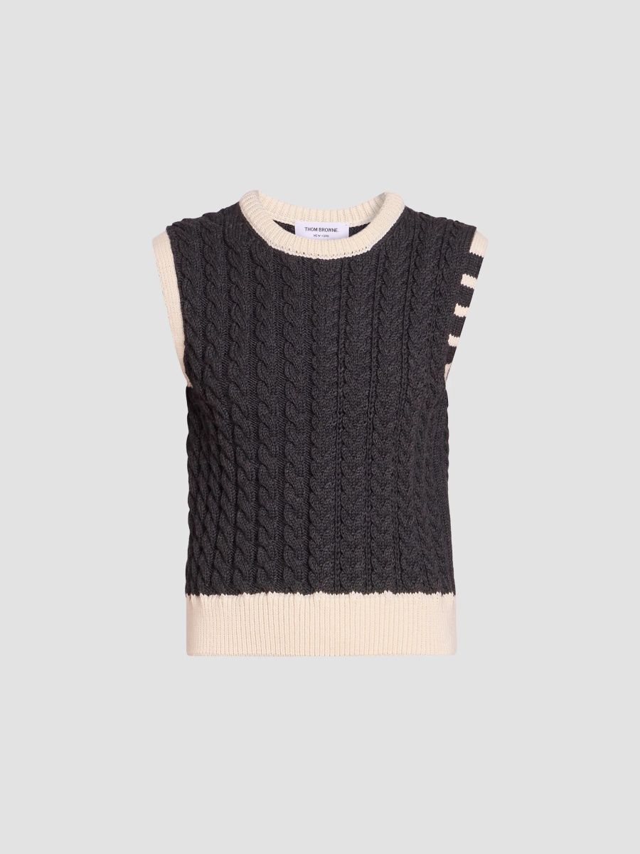 Thom Browne Women's Cable-Knit Virgin Wool Crewneck Shell Top - Dark Grey - Size 10