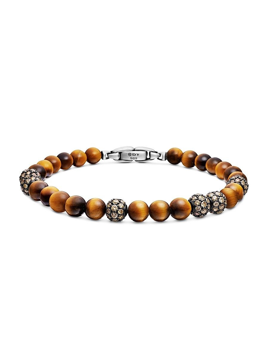 Men's Spiritual Beads Bracelet in Sterling Silver - Tigers Eye - Size Medium