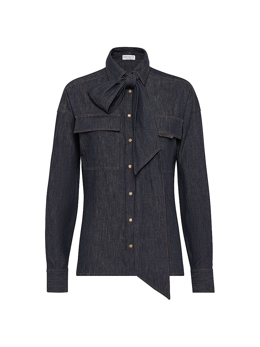 Women's Lightweight No Fade Denim Pussybow Shirt - Dark Denim - Size XXXXL