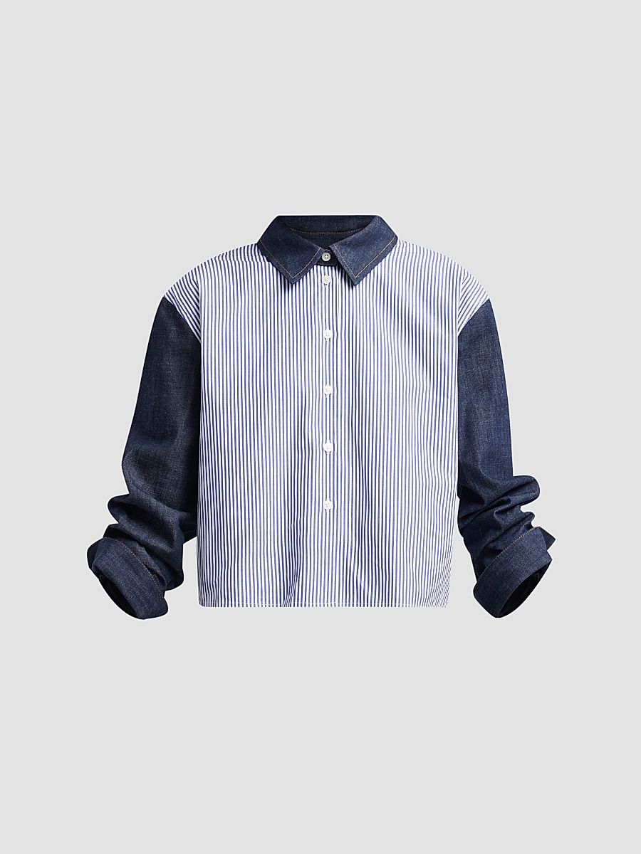 Women's Largaux Denim & Striped Shirting Top - Blue Optic White - Size XL
