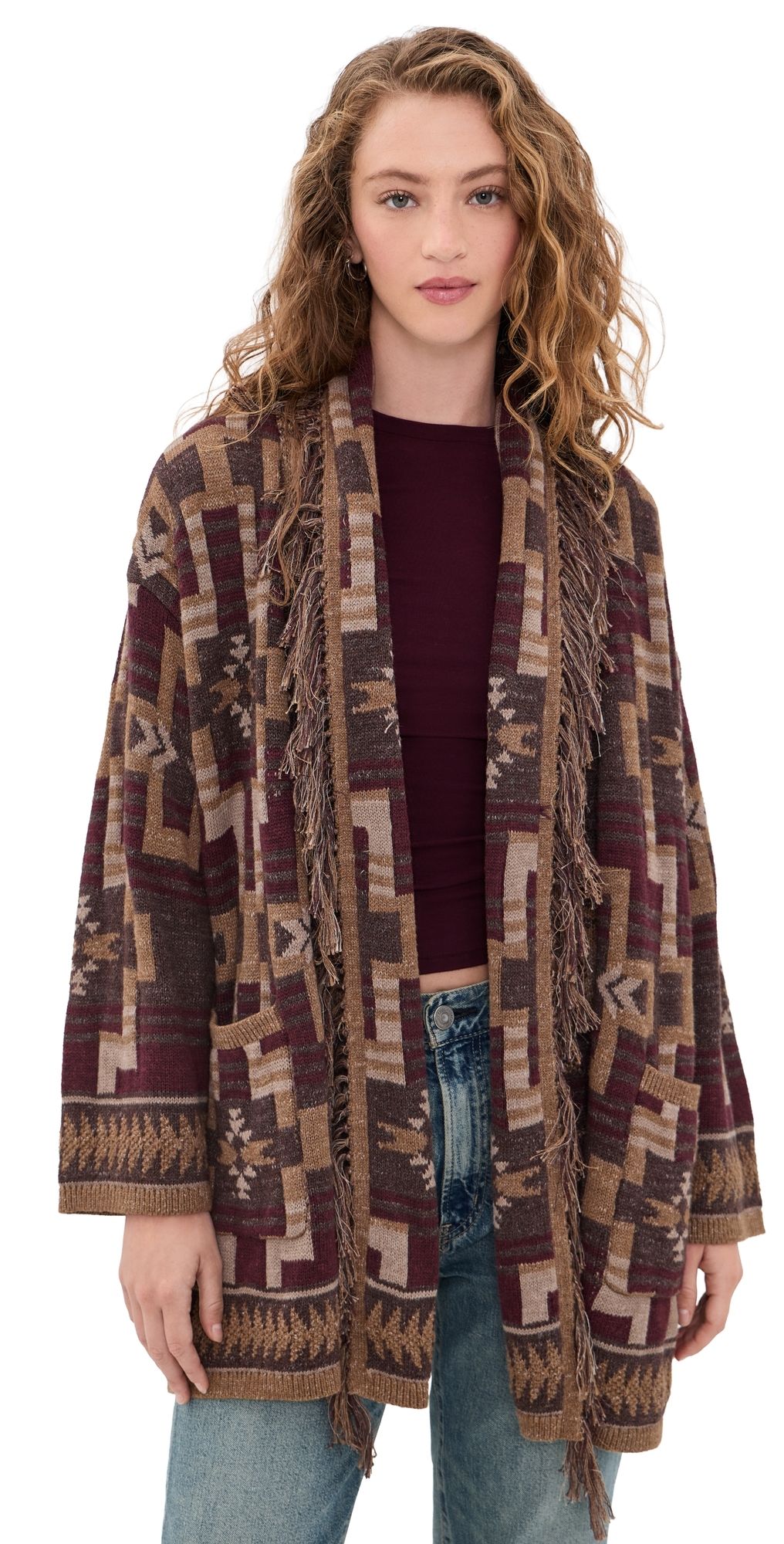 L'AGENCE Jair Jacquard Fringe Cardigan Dk Java/Burgundy Multi M