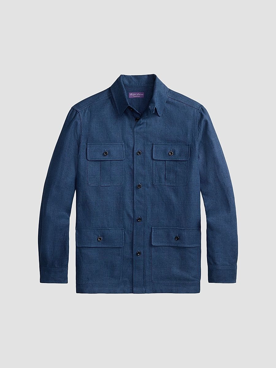 Men's Glen Checked Cotton Sport Shirt - Racing Navy - Size Large