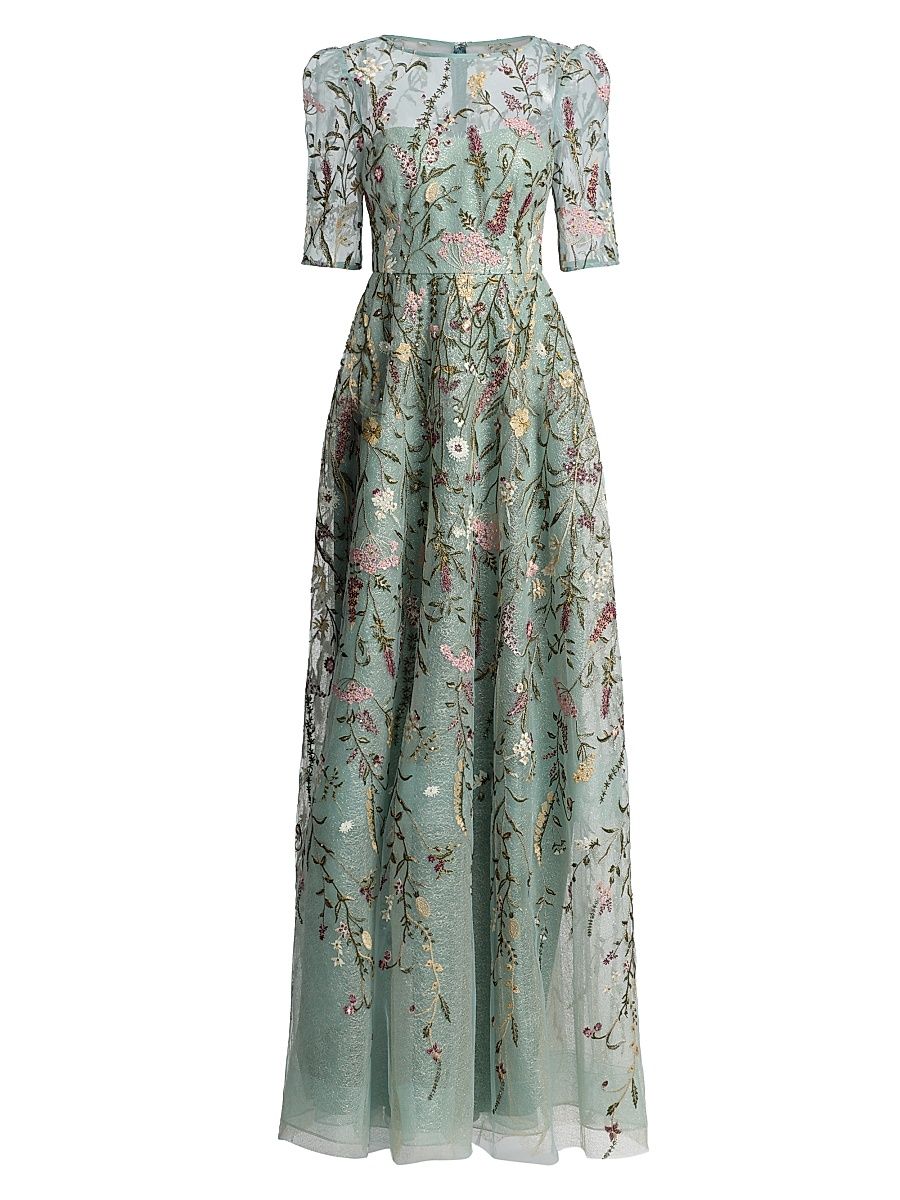 Women's Floral Embroidered Tulle Gown - Sage Multi - Size 16