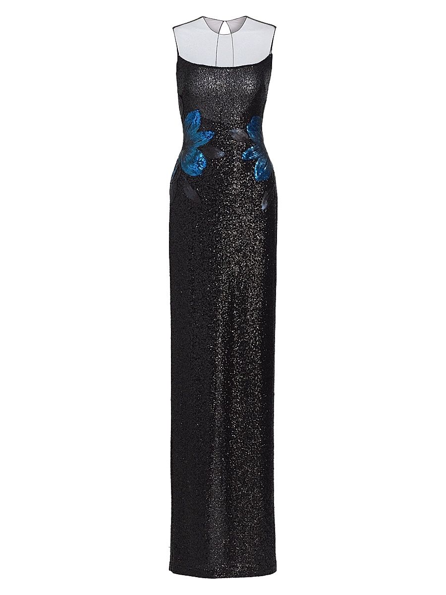 Women's Floral Appliqué & Sequined Illusion Stretch Column Gown - Black Navy - Size 10