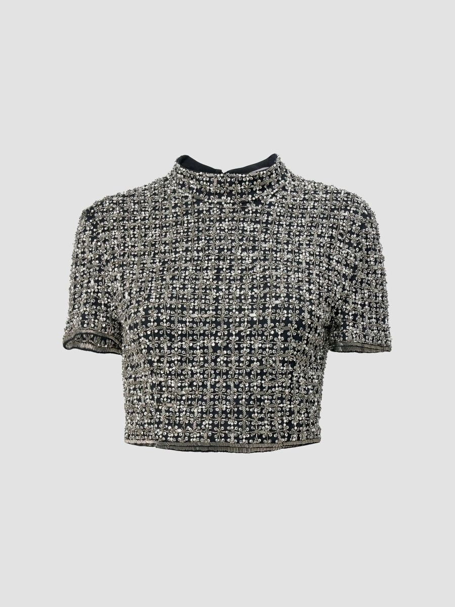 Carolina Herrera Women's Chalet Embellished Short-Sleeve Crop Top - Black Multi - Size 14