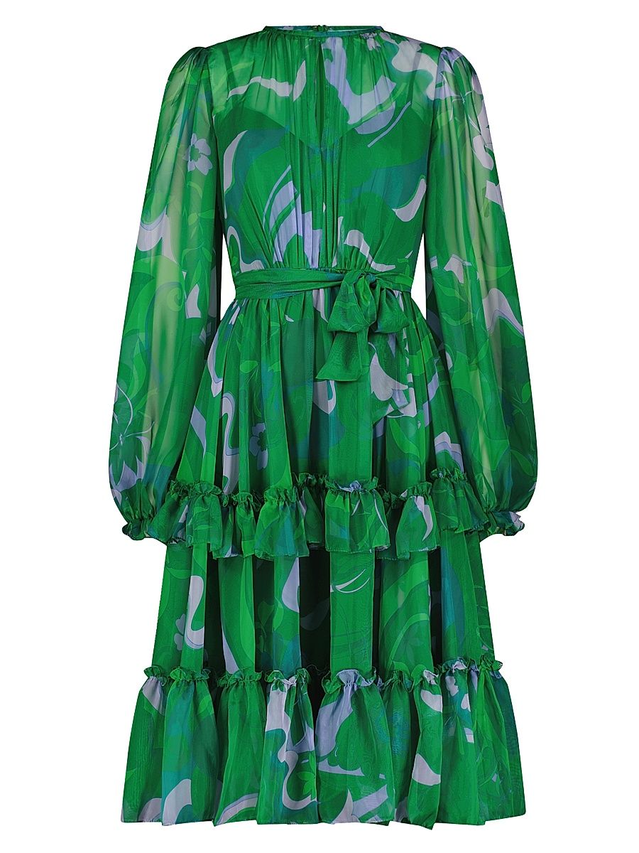 Women's Geometric Chiffon Ruffled Midi-Dress - Green Multi - Size Large