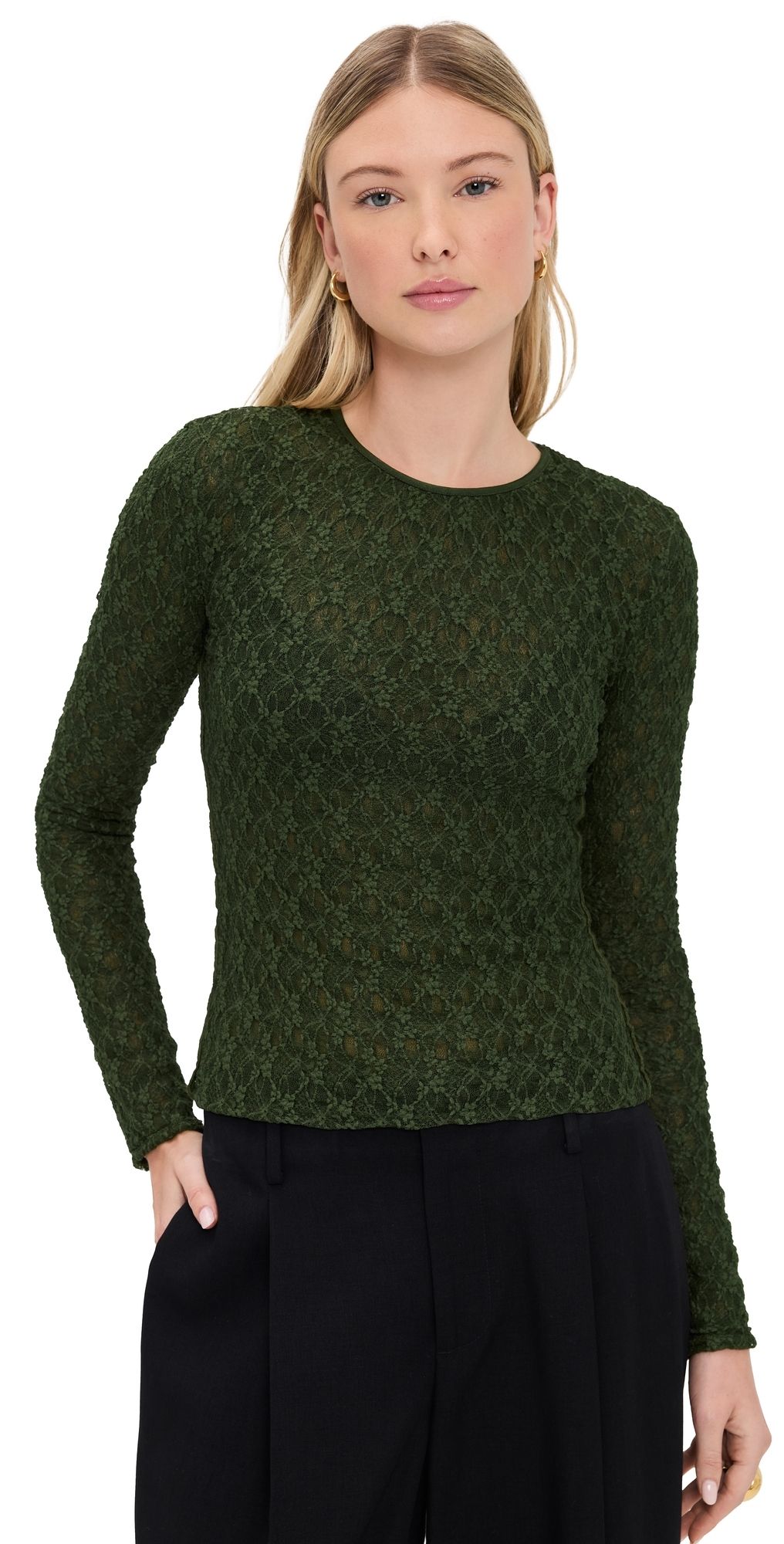 rag & bone Ellie Lace Long Sleeve Tee Army XXS