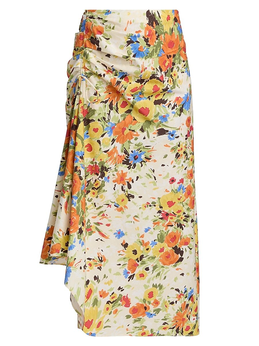 Women's Naomi Printed Ruched Cotton Midi-Skirt - Butter Poppy Multi - Size 2