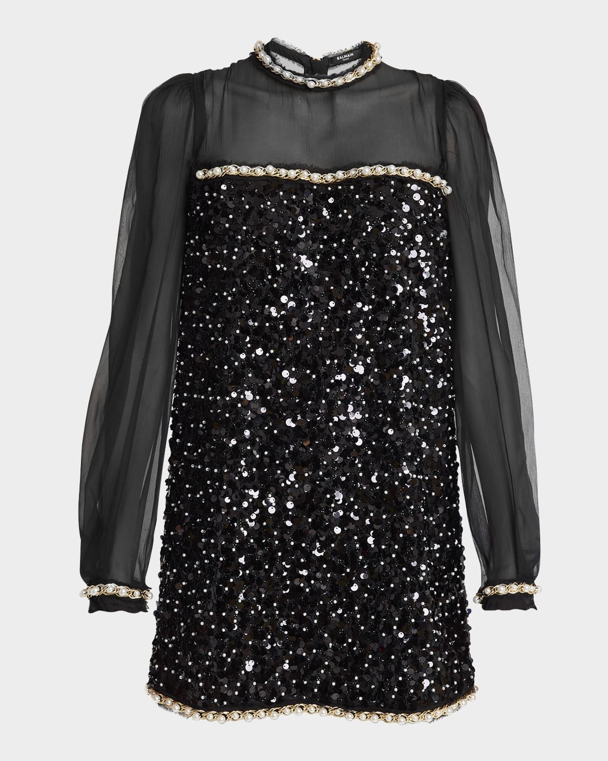 Pearly Chain Long-Sleeve Sequined Mini Dress