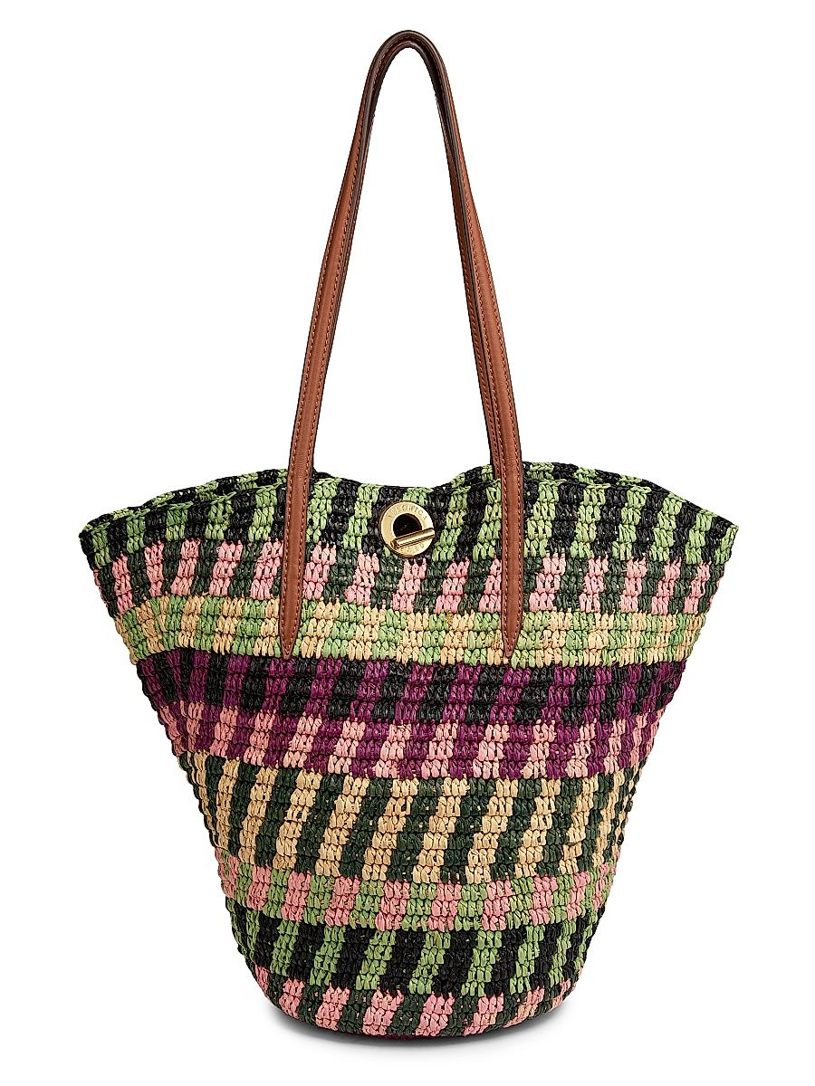 Women's Striped Raffia Tote Bag - Berry