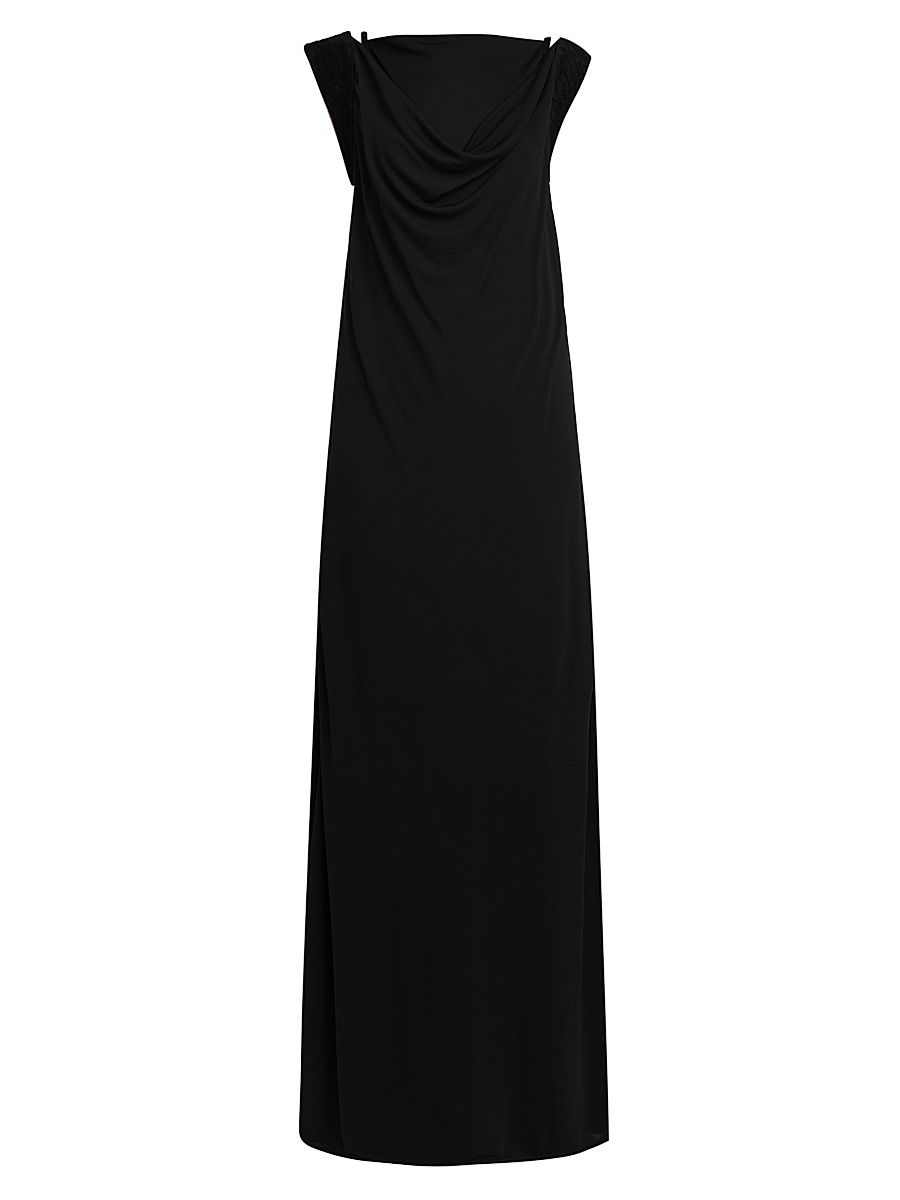 Women's Scoopneck Intrecciato-Strap Jersey Gown - Double Black - Size 10