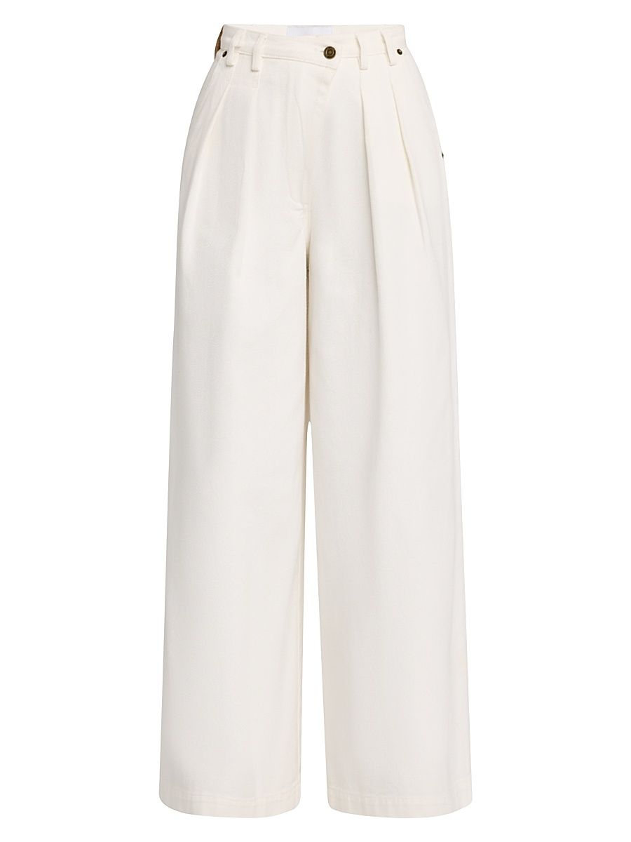 Women's Micah Denim Angled Waist Pleated Pants - Ivory - Size 12