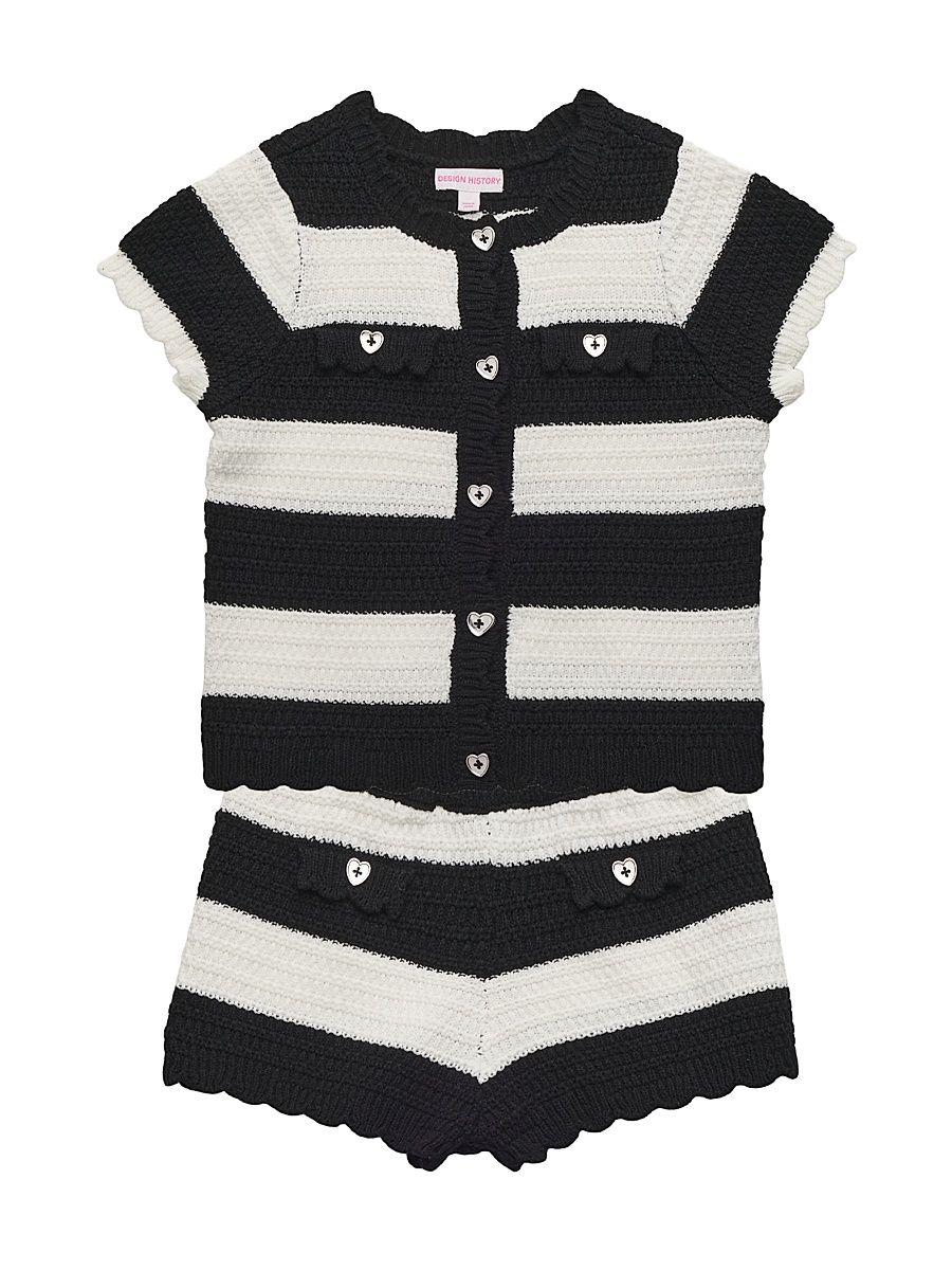 Little Girl's Crochet Striped Cardigan & Shorts Set - Black Combo - Size 6