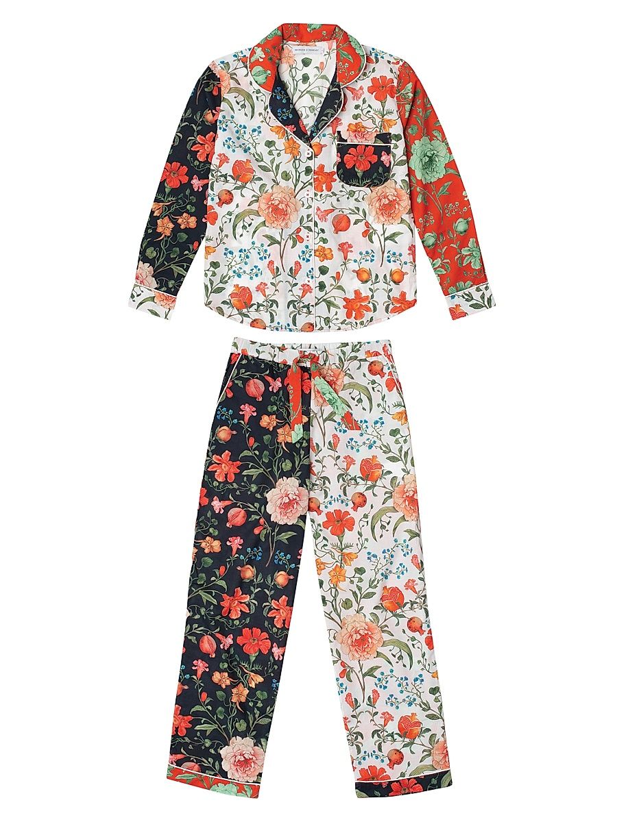 Women's 2-Piece Colorblocked Floral Cotton Pajama Set - Patchwork - Size Small