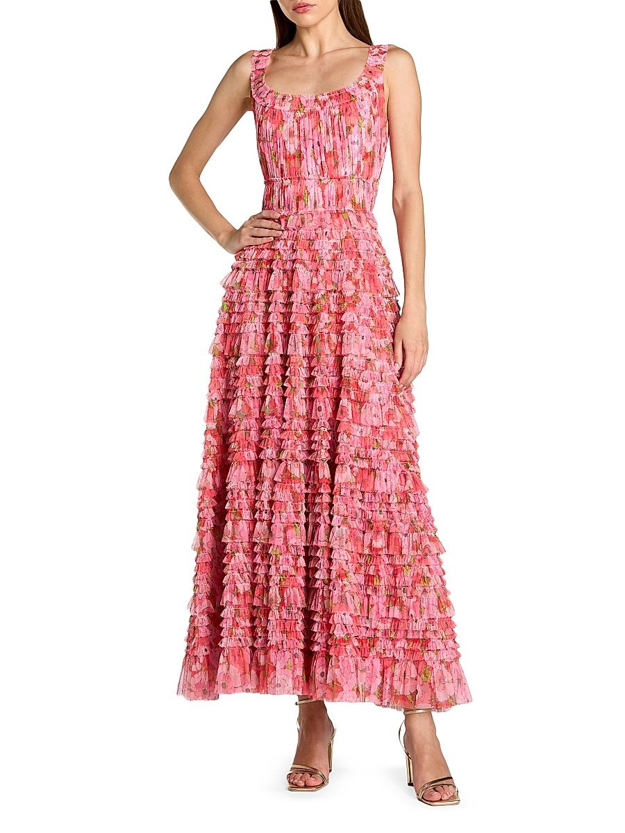Women's Floral Mesh Ruffled Maxi Dress - Cherry Multi - Size 14