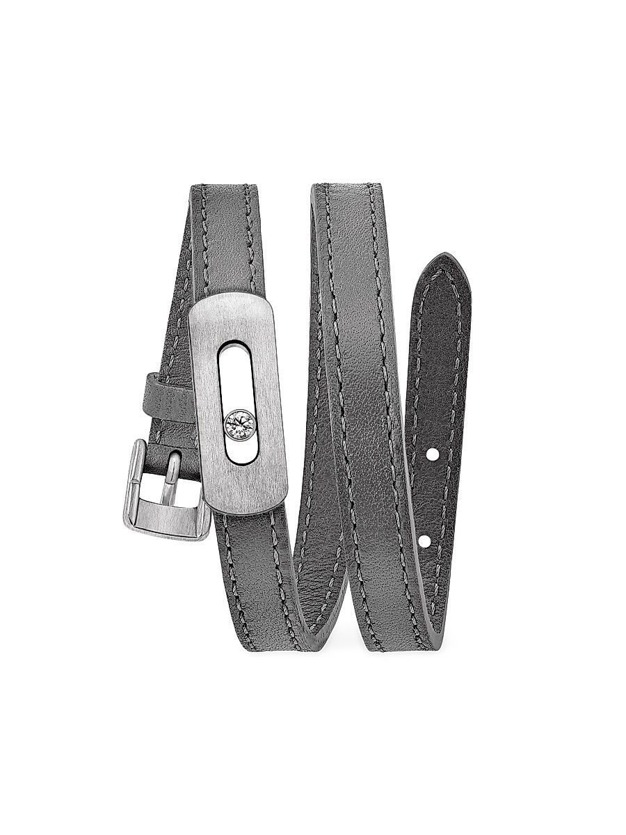 Women's My Move Titanium & Diamond Leather Wrap Bracelet - Graphite Grey