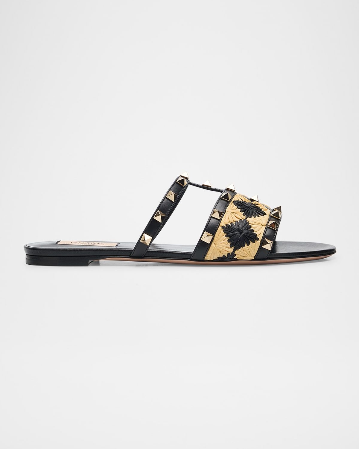 Rockstud Raffia Flat Slide Sandals