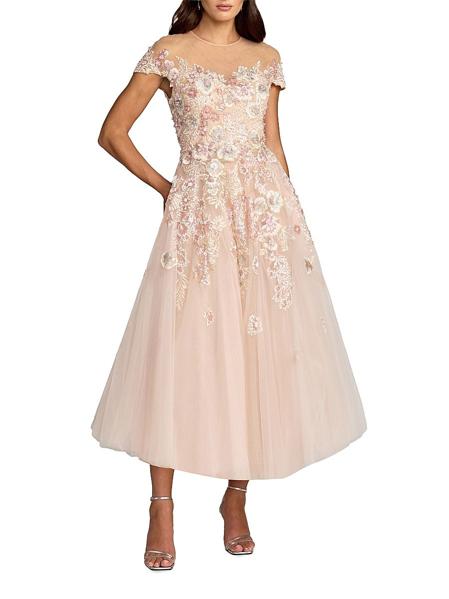 Women's Embroidered Tulle Cap-Sleeve Midi-Dress - Blush Multi - Size 16