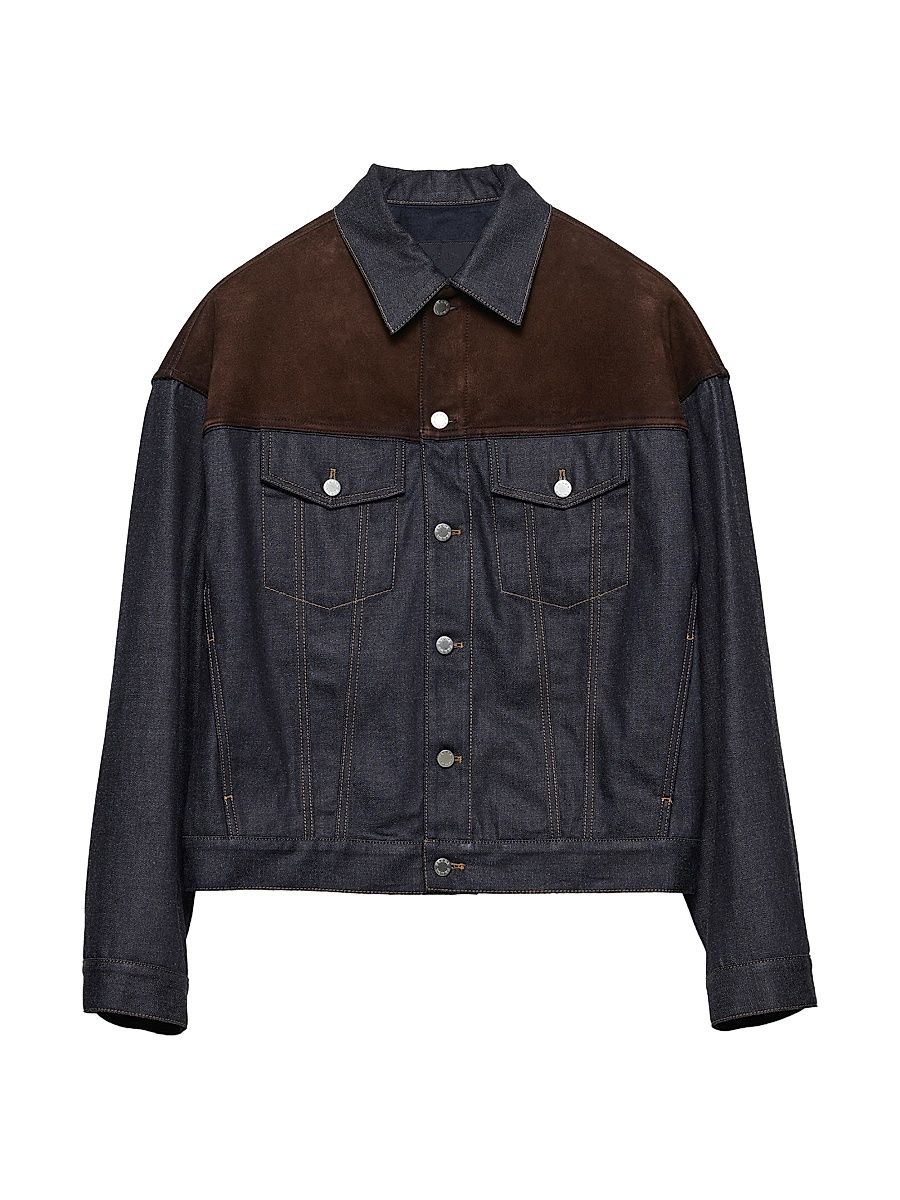 Men's Denim and Suede Blouson Jacket - Blue - Size XXXL