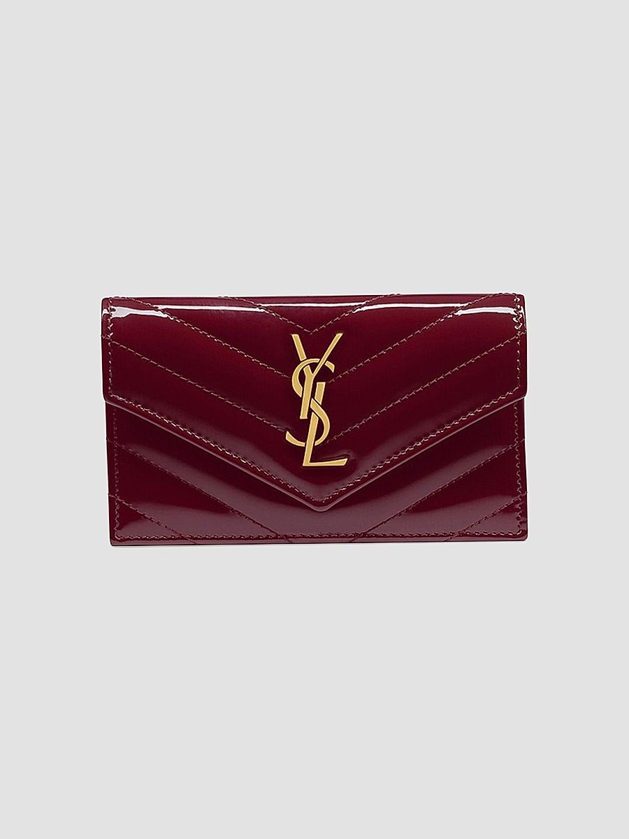 Saint Laurent Women's Cassandre Matelassé Fragments Flap Card Case in Patent Leather - Dark Red Wine