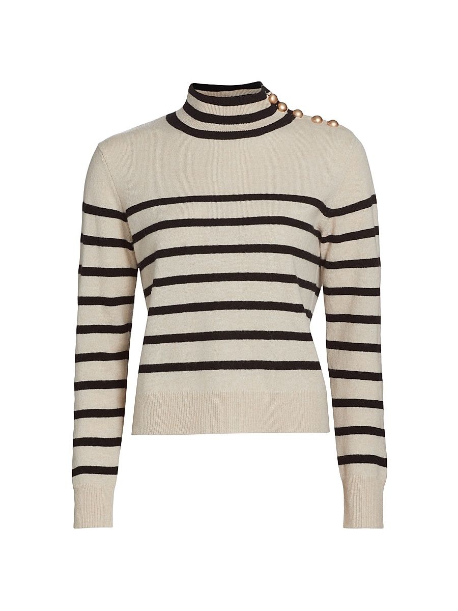 Women's Striped Cashmere Sweater - Creamy Heather Black - Size XL