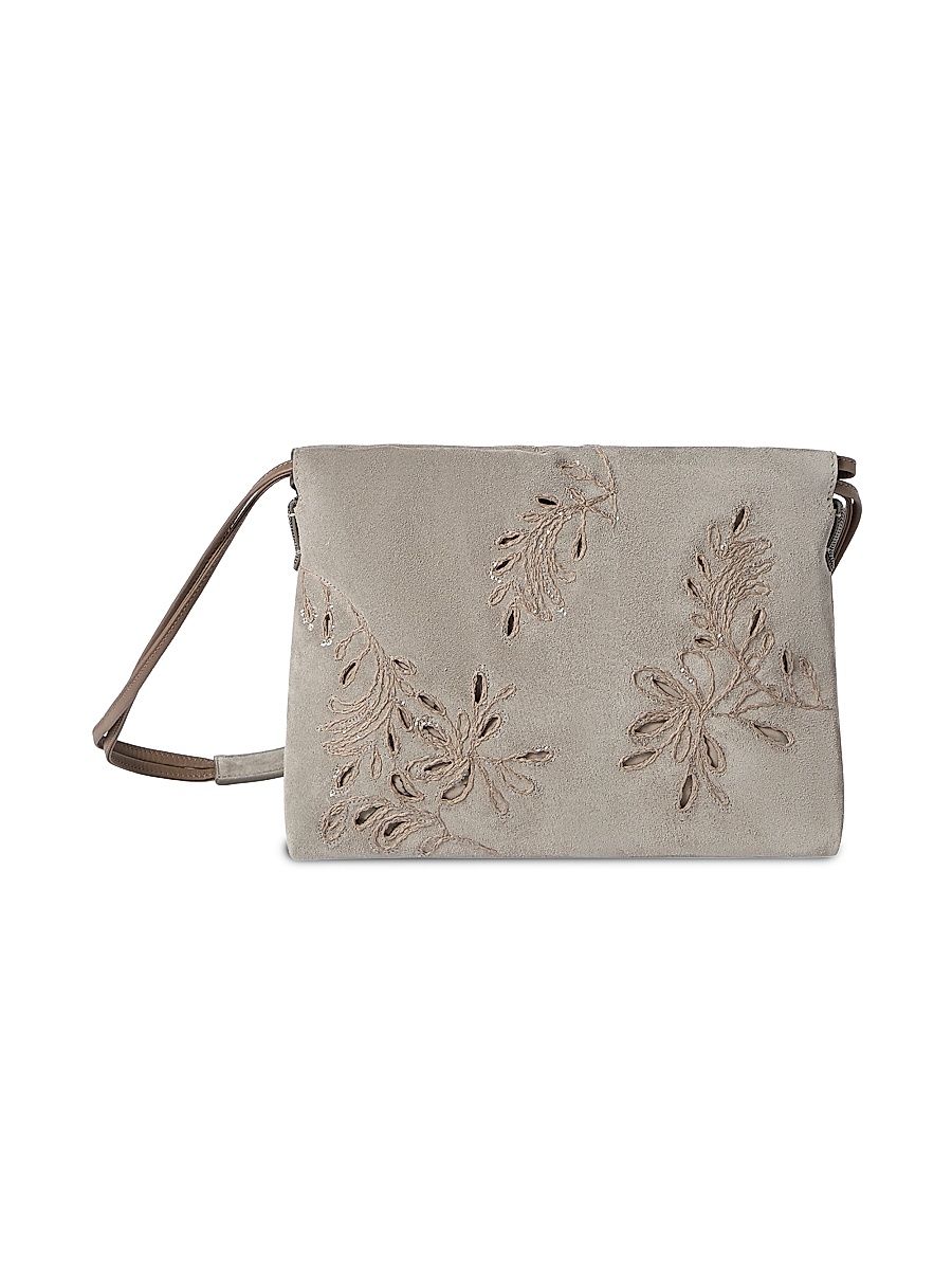 Women's Pouch Bag in Suede with Dazzling Broderie Anglaise and Monili - Light Grey