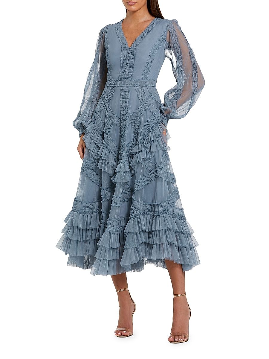 Women's Mesh Micro Ruffle Midi-Dress - Slate Blue - Size 20