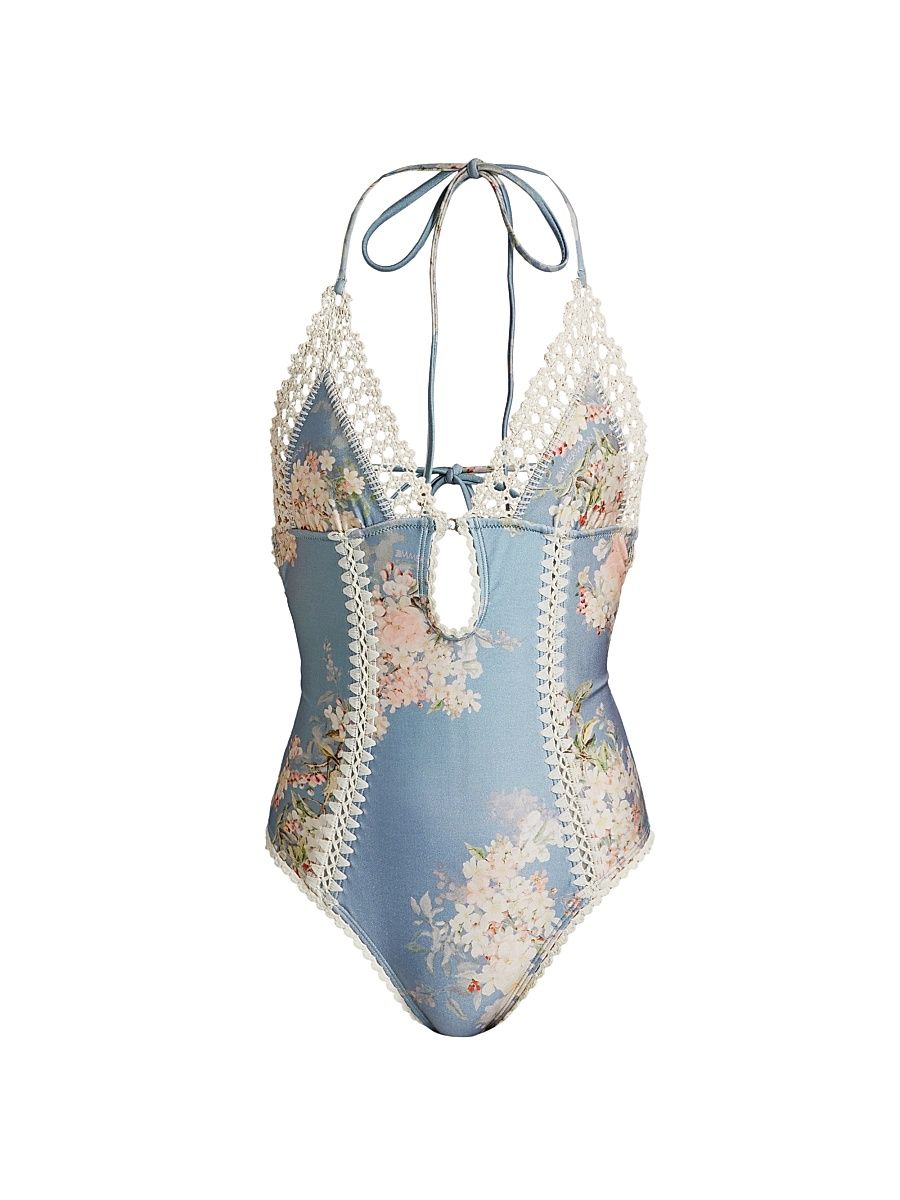 Women's Cascadian Keyhole Crochet One-Piece Swimsuit - Tea Blue Botanical Floral - Size 6