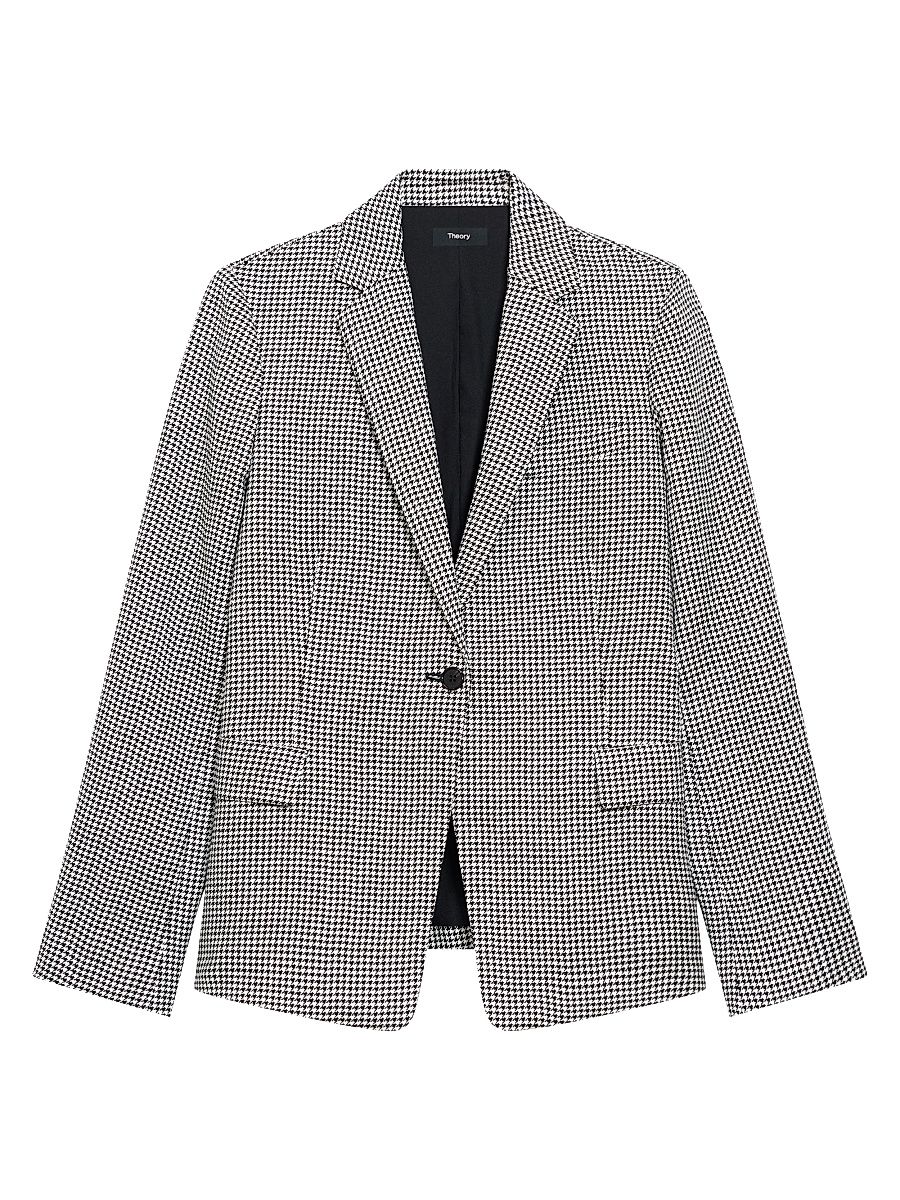 Women's Houndstooth Linen-Blend Slim-Fit Blazer - Black Multi - Size 14