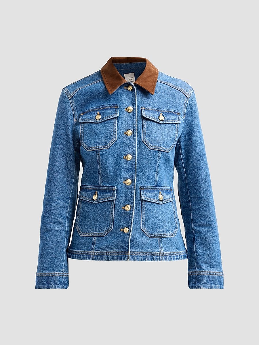 Women's Katniss Suede Collar Denim Jacket - Salt Breeze Sepia - Size XL