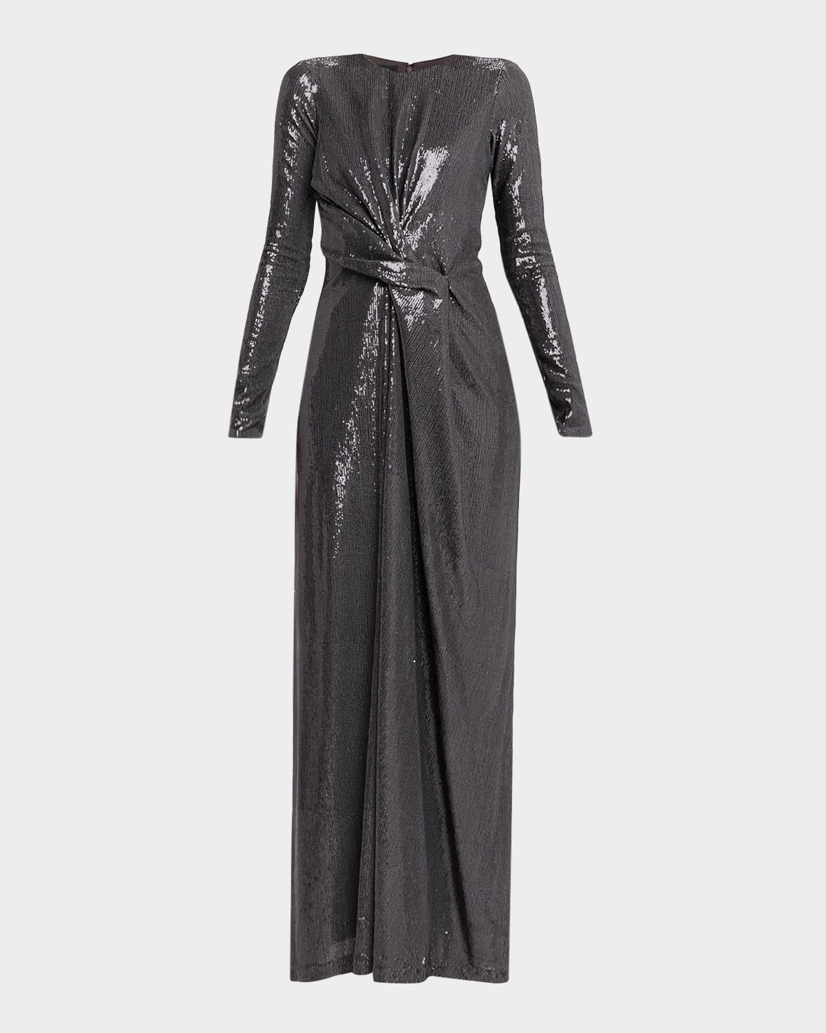 Long-Sleeve Draped Sequin Gown