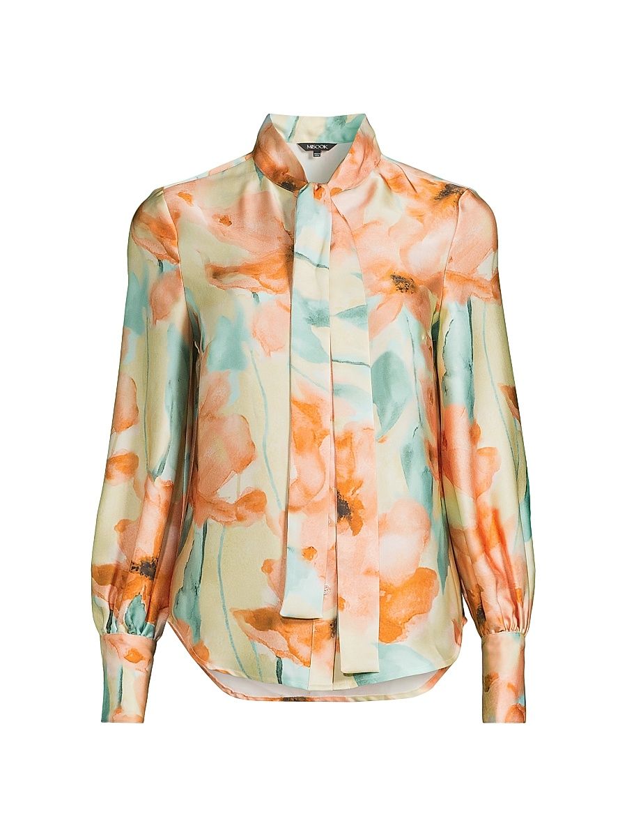 Women's Floral Tieneck Crepe de Chine Blouse - Sunglow Amber Glow Fresh Mint - Size XXL