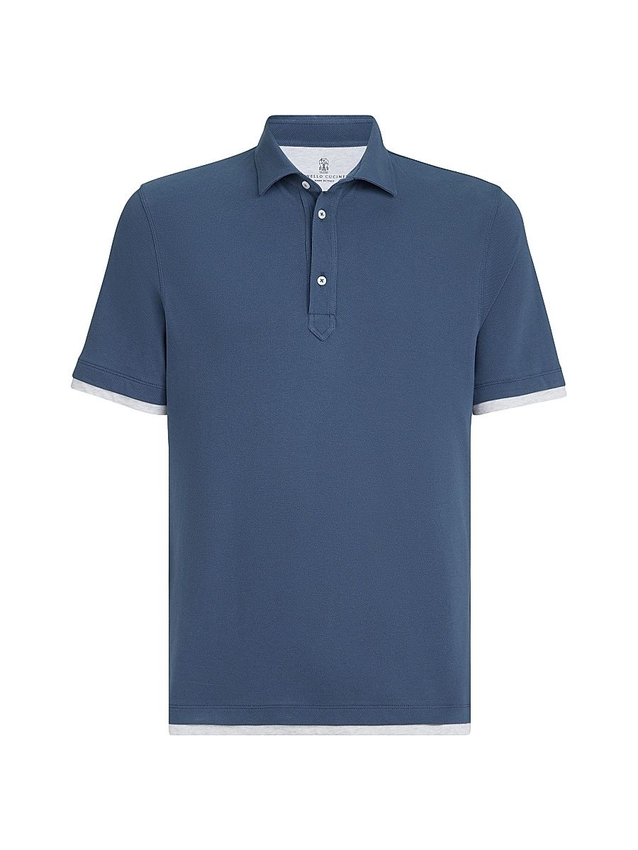 Men's Cotton Piqué Shirt Style Collar Polo with Faux Layering - Azure - Size Medium