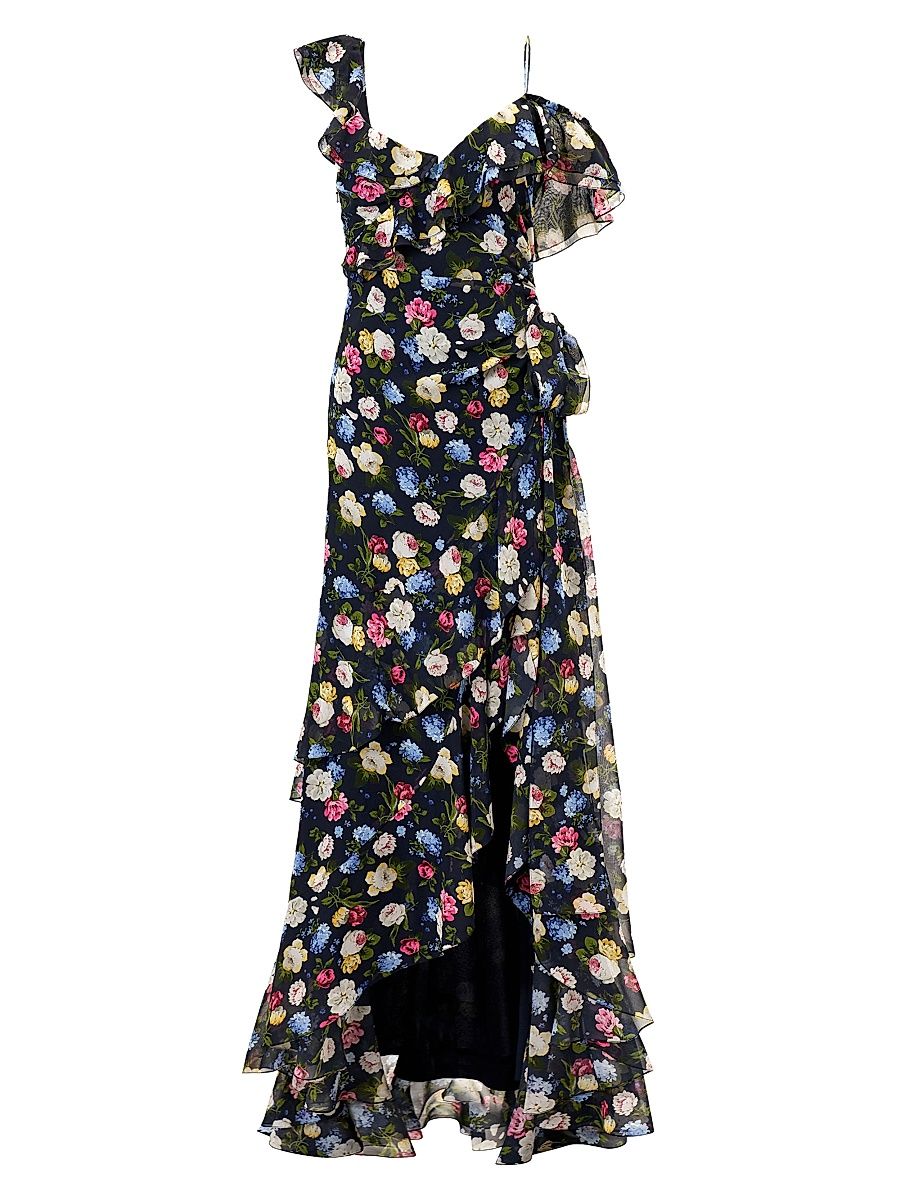 Women's Cabana Floral One-Shoulder Cap-Sleeve Ruffled Gown - Midnight Multi - Size 0