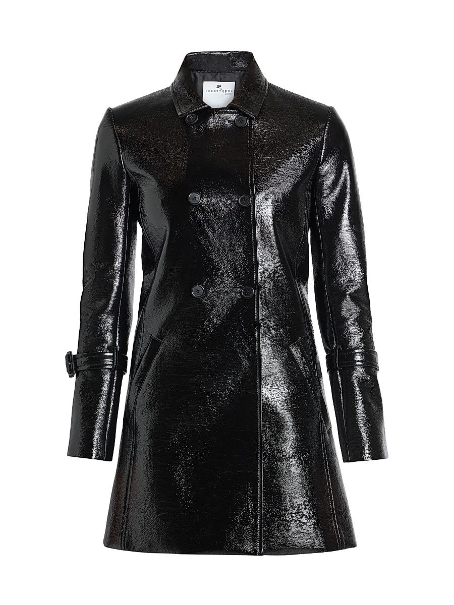 Women's Double-Breasted Vinyl Coat - Black - Size 12