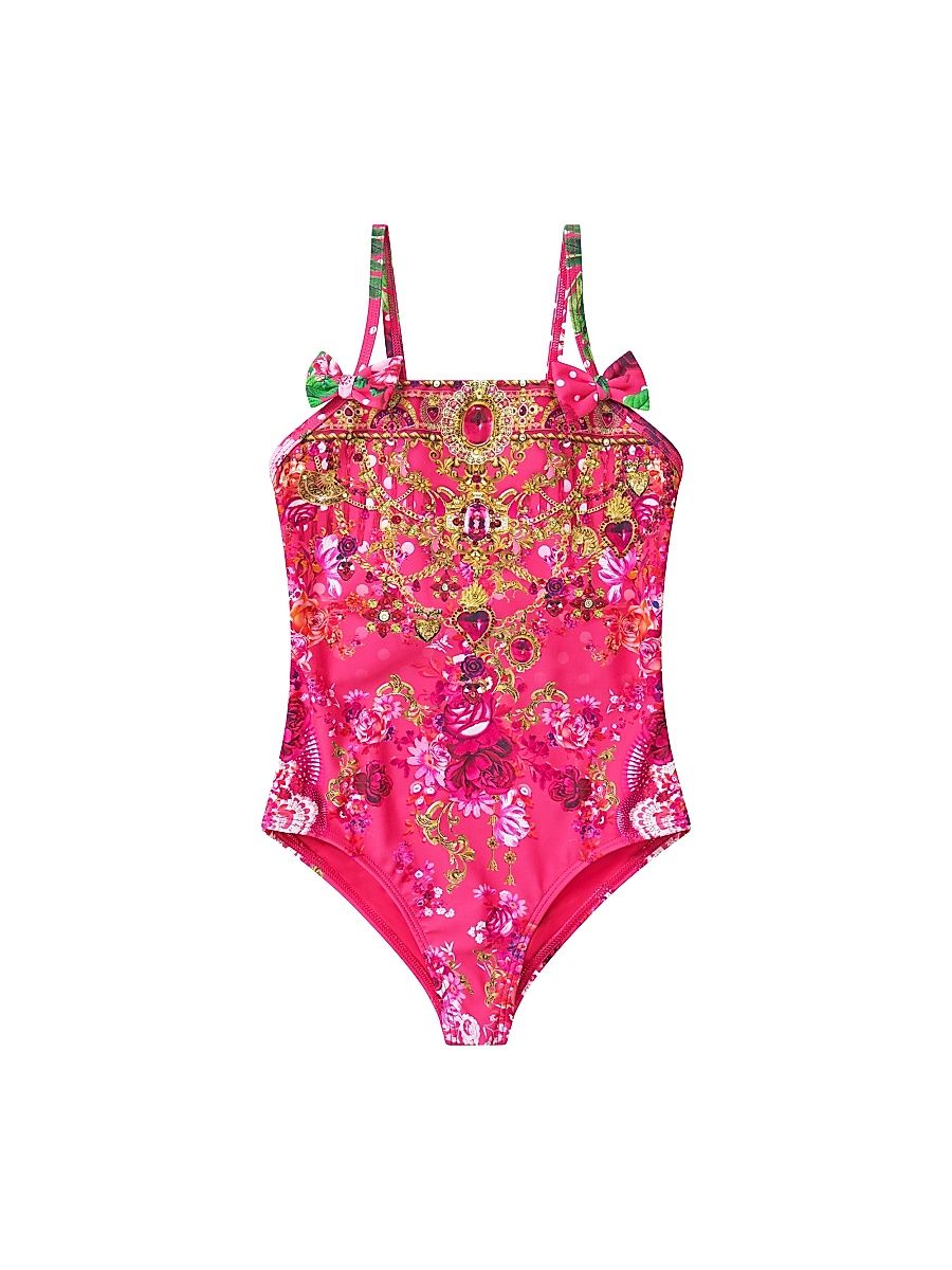 Little Girl's & Girl's Bow-Accented Printed One-Piece Swimsuit - Rose - Size 8